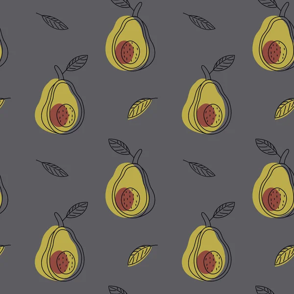 Schizzo di avocado senza cuciture con foglie e macchie astratte colorate su uno sfondo grigio. Illustrazione vettoriale, stile contorno. — Vettoriale Stock