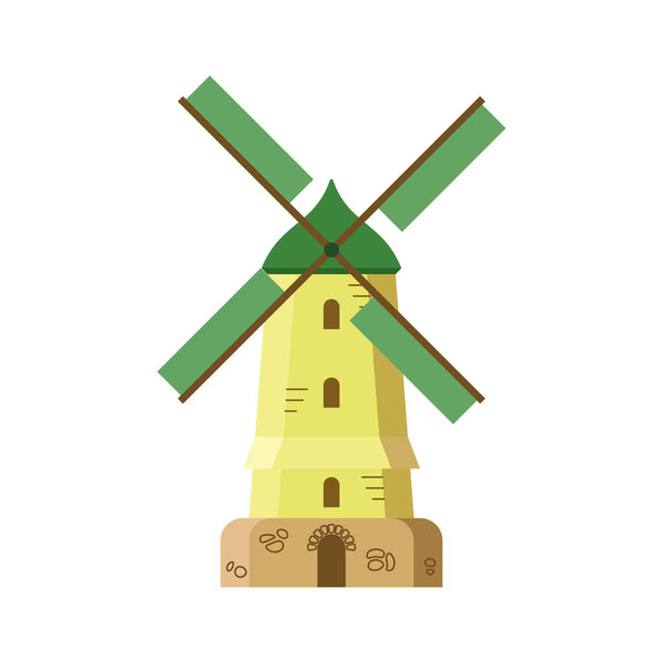 Old windmill. Color vector illustration, flat style. White isolated background.