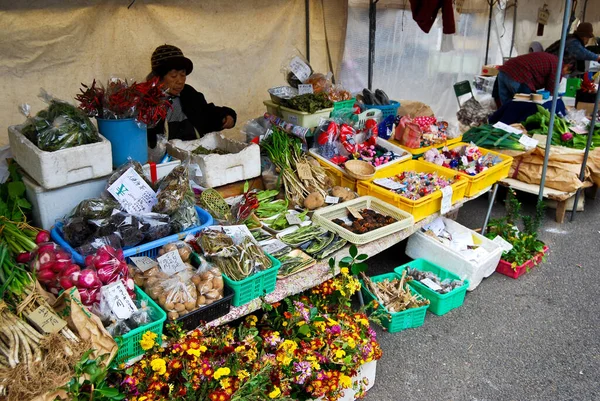 Vegetabiliska Marknaden Stall Morgonen Marknaden Den Gamla Staden Hida Takayama Stockbild