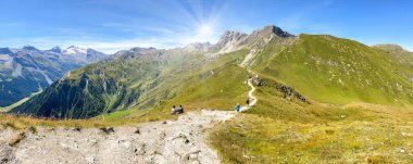 Panoramic view of a hiking trail through the Austrian Alps in the high mountains of the Zillertal near the Tux Glacier in summer, Tirol Austria Europe