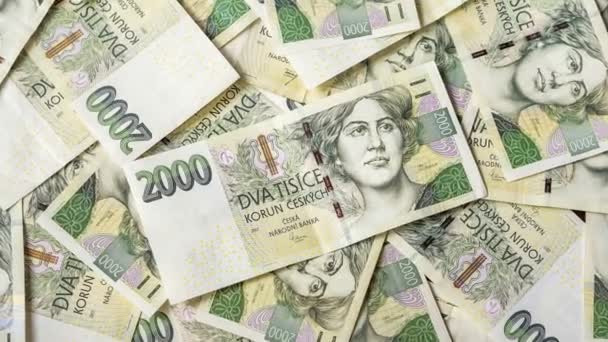 Tschechische Geld Hintergrund Zweitausend Kronen Banknoten — Stockvideo