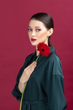 Genç bayan güzel kırmızı herbera tutuyor.