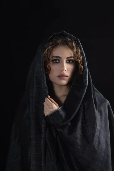 Dramatic Portrait Beautiful Lonely Girl Grey Headscarf Cover Her Face Royalty Free Stock Images