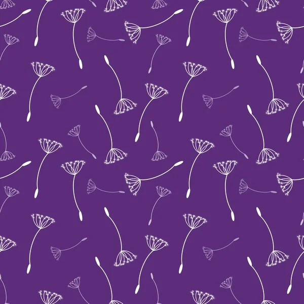 White dandelion seeds flying on purple background, seamless square pattern