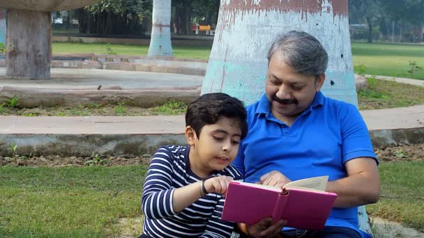 公園で一緒に本を読んでいる愛らしい少年と彼の祖父 公園で一緒に座っている老人と小さな子供 レジャー時間 フレンドリーな家族 3世代 幸せな子供時代 — ストック動画