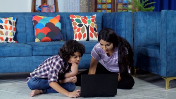 Young Mother Her Son Using Laptop Together Modern Technology Pretty — Stock Video