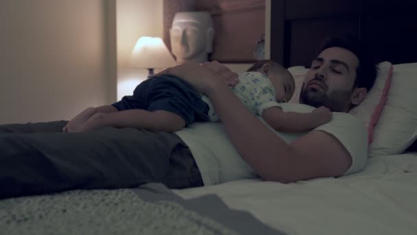 Handsome Man Sleeping His Adorable Cute Son Comfortable Bed Tired — Stock Video
