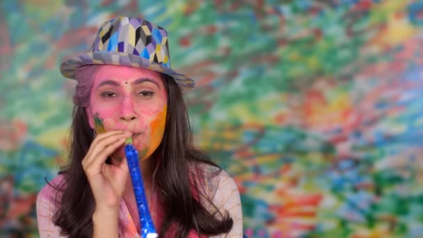 Beautiful Girl Blowing Party Blower Enjoying Colorful Attractive Women Pretty — Stock Video