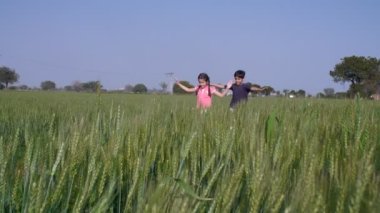 Çiftçinin sevimli oğlu ve kızı tarlada koşup oynuyorlar. Köyden neşeli kardeşler birlikte tarlanın tadını çıkarıyorlar. Hint köyü.