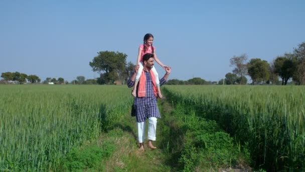 父親と娘のデュオは 緑の農地 インドの村 緑の農地で一緒にローミングを楽しんでいます クルトの幸せな農家 パガマは彼の肩の上に彼の小さな娘を運ぶ 親子の絆 余暇時間 幸せな子供時代 — ストック動画