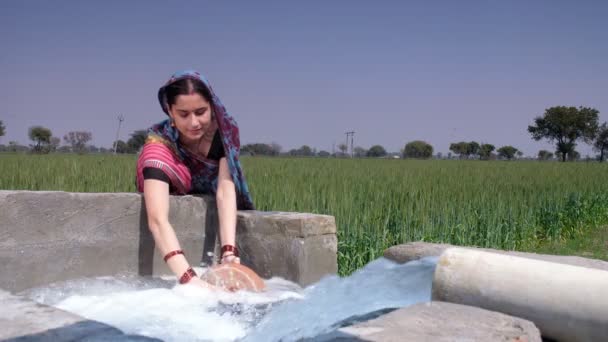 Замужняя Индийская Домохозяйка Традиционной Сари Наполняет Пресную Воду Ежедневного Использования — стоковое видео