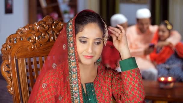 Beautiful Muslim Lady Wearing Headscarf Doing Saalam Alaikum Gesture Eid Stock Video