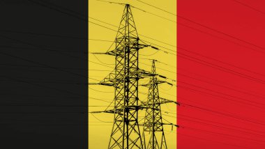 Elektrik kulesi ve hatları olan Belçika bayrağı. Belçika 'da enerji kaynağı. Yüksek elektrik fiyatları.