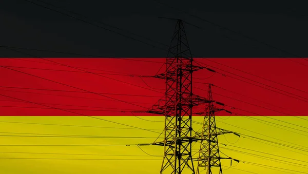 Duitse Vlag Met Elektrische Toren Lijnen Energievoorziening Duitsland Hoge Elektriciteitsprijzen — Stockfoto