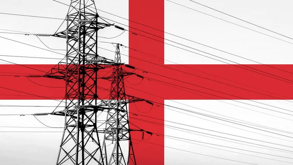 Αγγλική Σημαία Ηλεκτρικό Πύργο Και Γραμμές Ενεργειακός Εφοδιασμός Στην Αγγλία — Φωτογραφία Αρχείου