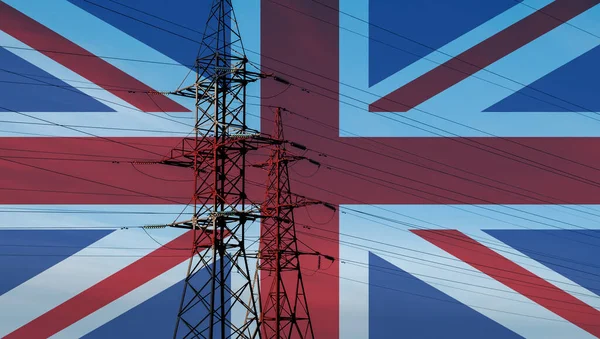 Σημαία Ηνωμένου Βασιλείου Ηλεκτρικό Πύργο Και Γραμμές Ενεργειακός Εφοδιασμός Στο — Φωτογραφία Αρχείου