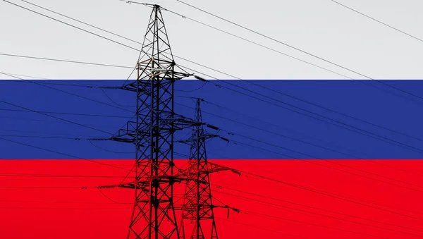 Російський Прапор Електричною Вежею Лініями Енергетика Росії Високі Ціни Електроенергію — стокове фото