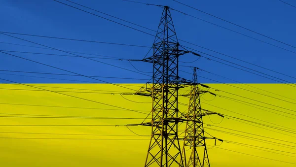 Український Прапор Електричною Вежею Лініями Енергопостачання Україні Високі Ціни Електроенергію — стокове фото