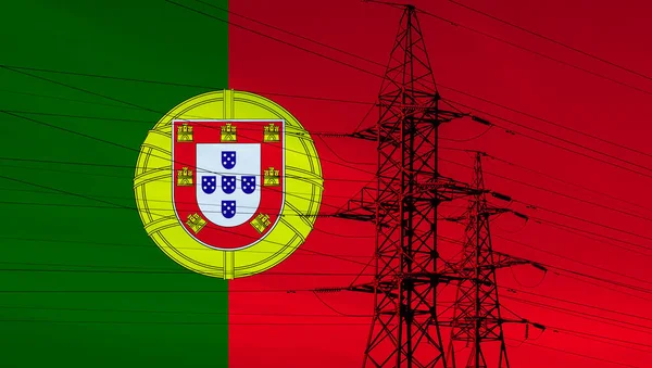 Португальский Флаг Электрической Башней Линиями Энергоснабжение Португалии Высокие Цены Электроэнергию — стоковое фото