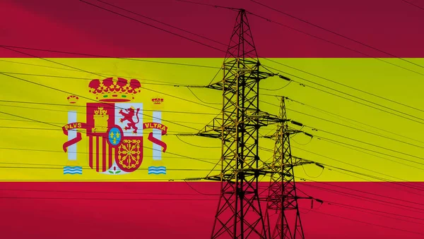 Elektrik Kulesi Hatları Olan Spanyol Bayrağı Spanya Enerji Kaynağı Yüksek — Stok fotoğraf
