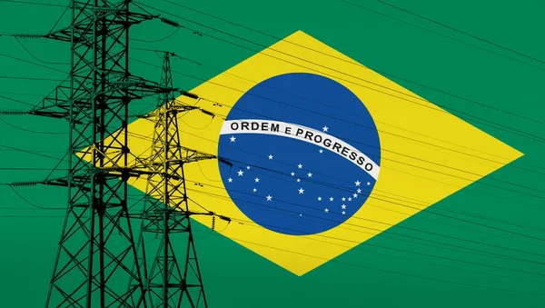Bandeira Brasileira Com Torre Elétrica Linhas Fornecimento Energia Brasil Preços — Fotografia de Stock