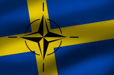Sweden joining NATO concept. Swedish flag with NATO (North Atlantic Treaty Organization) emblem.