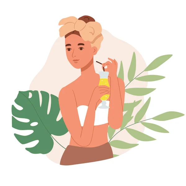 Mujer joven en traje de baño con cóctel de vacaciones. Playa de verano relajarse en el mar. Ilustración aislada vectorial sobre fondo blanco — Vector de stock