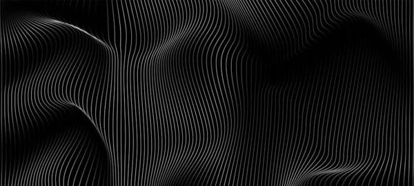 Dynamic Particles Sound Wave Line Dots Flowing Dark Black Background — 图库矢量图片
