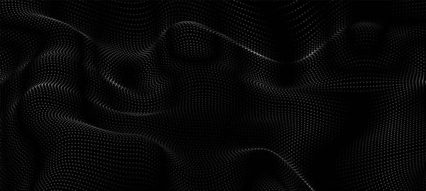 Dynamic Particles Sound Wave Line Dots Flowing Dark Black Background — стоковый вектор