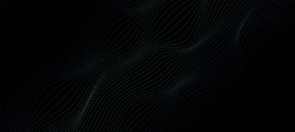 Dynamic Particles Sound Wave Line Dots Flowing Dark Black Background — Vetor de Stock