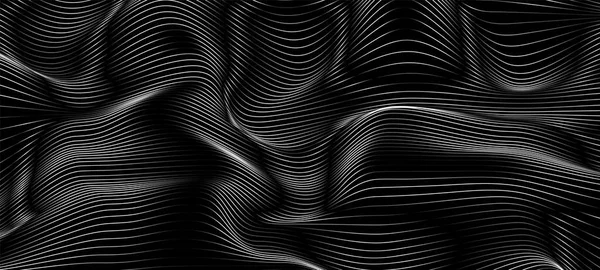 Dynamic Particles Sound Wave Line Dots Flowing Dark Black Background — Διανυσματικό Αρχείο