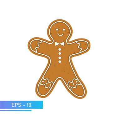 Noel Kurabiyeleri, Zencefilli Çörek Adam, İzole Edilmiş Beyaz Arkaplanda, Vektör İllüzyonu.