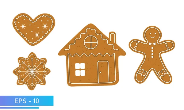 Рождественские печенья, пряники, дом Рождества, человек, снежинка и сердце в коричневом цвете, изолированные на белом фоне, векторная иллюстрация. — стоковый вектор