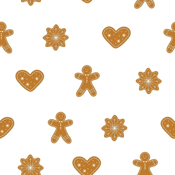 Patrón de galletas de Navidad, hombre de Navidad, corazón y copo de nieve en color marrón, aislado sobre fondo blanco, ilustración vectorial. — Vector de stock