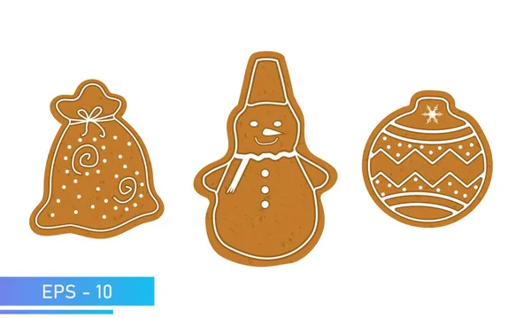 Рождественские печенья, пряники, рождественский подарок, снеговик и рождественская игрушка в коричневом цвете, изолированные на белом фоне, векторная иллюстрация. — стоковый вектор