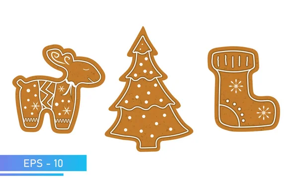 Weihnachtsplätzchen, Lebkuchen-Set, Weihnachten Hirsch, Fichte und Strumpf in brauner Farbe, Isoliert auf weißem Hintergrund, Vektorillustration. — Stockvektor