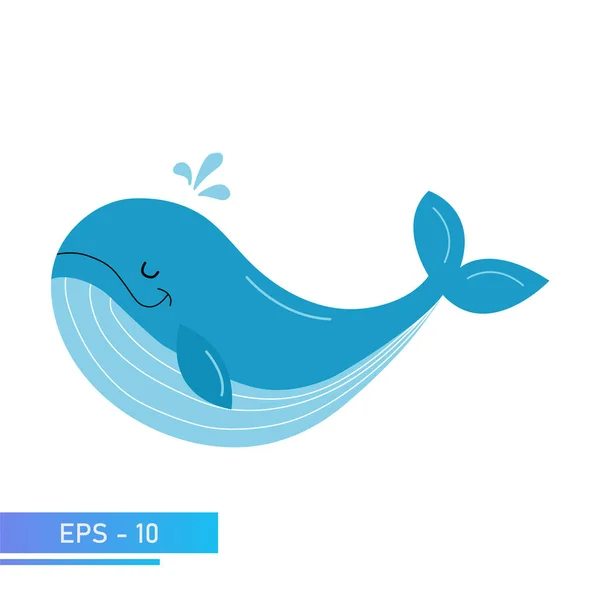 Ένα είδος μπλε φάλαινας σε λεπτά μπλε χρώματα, πιτσιλάει νερό από μόνο του κατά την εκπνοή. Περήφανος και γλυκός. Εικονογράφηση διανύσματος. — Διανυσματικό Αρχείο
