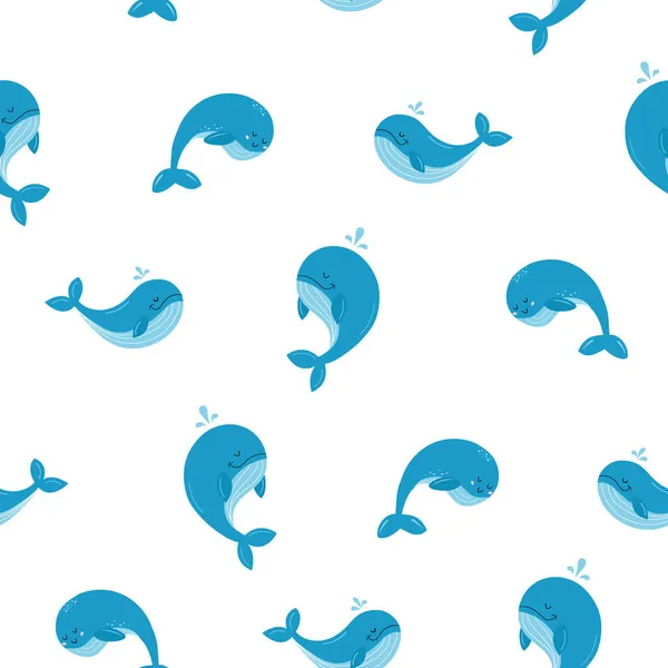 Wzór to rodzaj płetwala błękitnego w delikatnych niebieskich kolorach. Trzy różne wieloryby. Dumny i słodki. Ilustracja wektora. — Wektor stockowy