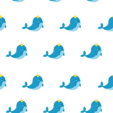 Modeli narin mavi renkli mavi bir balina. Altın tacı olan bir balina. Gururlu ve tatlı. Vektör illüstrasyonu.