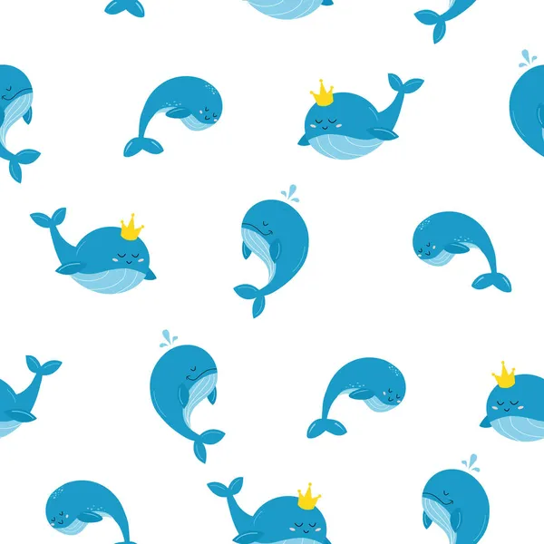 Το μοτίβο είναι ένα είδος μπλε φάλαινας σε λεπτά μπλε χρώματα. Τρεις διαφορετικές φάλαινες με ένα χρυσό στέμμα, που πιτσιλίζουν νερό, και μια απλή. Περήφανος και γλυκός. Εικονογράφηση διανύσματος. — Διανυσματικό Αρχείο