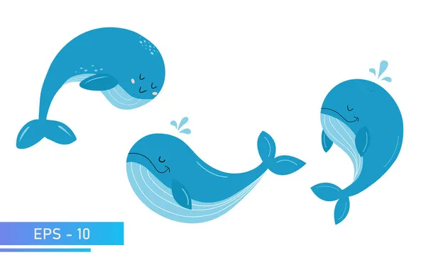 Σύνολο χαριτωμένο μπλε φάλαινα σε λεπτά μπλε χρώματα και πιτσιλιές νερό. Περήφανος και γλυκός. Εικονογράφηση διανύσματος. — Διανυσματικό Αρχείο
