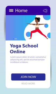 Yoga dersleri çevrimiçi. İniş sayfası. İnternet sitesi yoga okulu. Güzel bir Afrikalı kız bir Asana gösteriyor. İnternet üzerinden yoga eğitimi. Vektör illüstrasyonu.