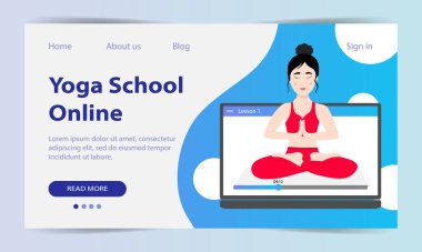 Yoga dersleri çevrimiçi. İniş sayfası. İnternet sitesi yoga okulu. Güzel bir Asyalı kız bir Asana gösteriyor. İnternet üzerinden yoga eğitimi. Vektör illüstrasyonu.