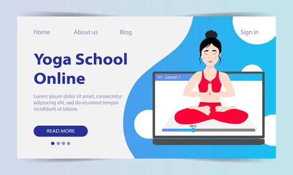 Lezioni di yoga online. Pagina iniziale. Sito web scuola di yoga. Una bella ragazza asiatica mostra un'asana. Formazione di yoga via Internet. Illustrazione vettoriale. — Vettoriale Stock