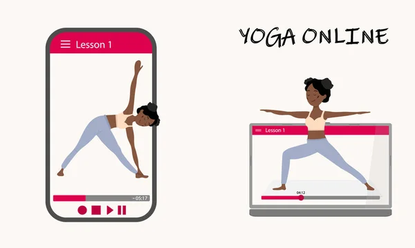Yoga online, veilig, zonder het huis te verlaten. Een mooi Afrikaans meisje toont een asana op het scherm van een smartphone en laptop. Yoga training via het internet. Vectorillustratie. — Stockvector