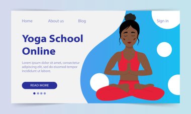 Yoga dersleri çevrimiçi. İniş sayfası. İnternet sitesi yoga okulu. Güzel bir Afrikalı kız bir Asana gösteriyor. İnternet üzerinden yoga eğitimi. Vektör illüstrasyonu.