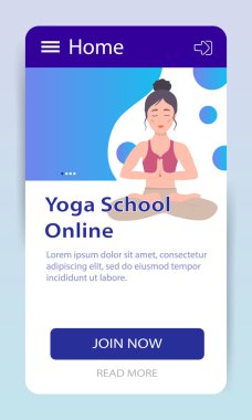 Yoga dersleri çevrimiçi. İniş sayfası. İnternet sitesi yoga okulu. Güzel bir Avrupalı kız bir Asana gösteriyor. İnternet üzerinden yoga eğitimi. Vektör illüstrasyonu.