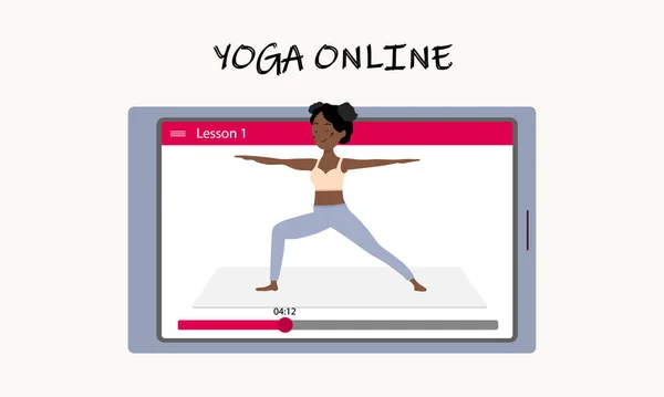 Yoga online, met behulp van gadgets. Een mooi Afrikaans meisje toont een asana op het tabletscherm. Yoga training via het internet. Vectorillustratie. — Stockvector