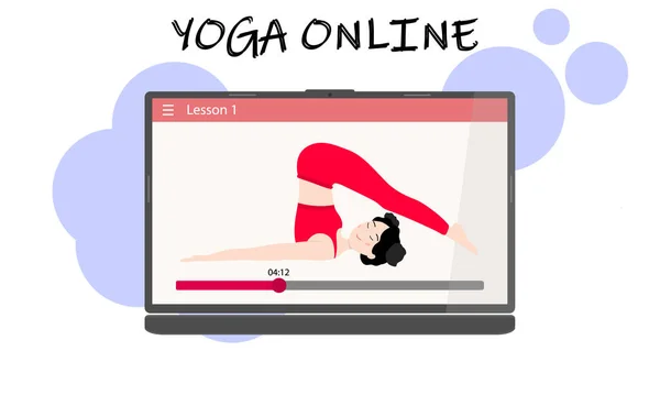 Yoga lessen online. Een mooi Aziatisch meisje op een laptop scherm toont een asana. Yoga training via het internet. Vectorillustratie. — Stockvector