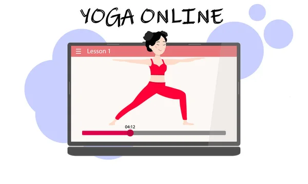 Yoga lessen online. Een mooi Aziatisch meisje op een laptop scherm toont een asana. Yoga training via het internet. Vectorillustratie. — Stockvector